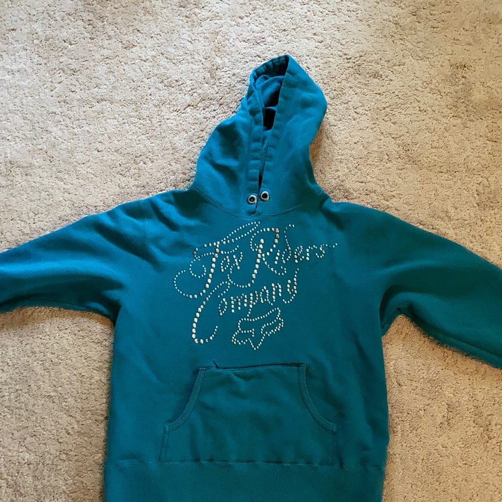 Teal blue Fox riders co. hoodie.